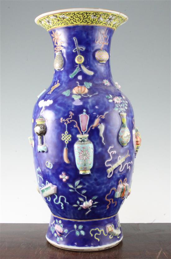 A large Chinese blue glazed baluster vase, late 19th century, 46.5cm, damaged